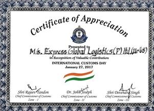 Express Global Logistics Awarded Certificate of Appreciation from Indian Customs